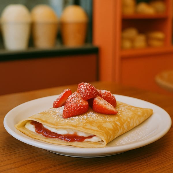 A golden crepe filled with cream and strawberry jam, topped with fresh strawberries and powdered sugar.