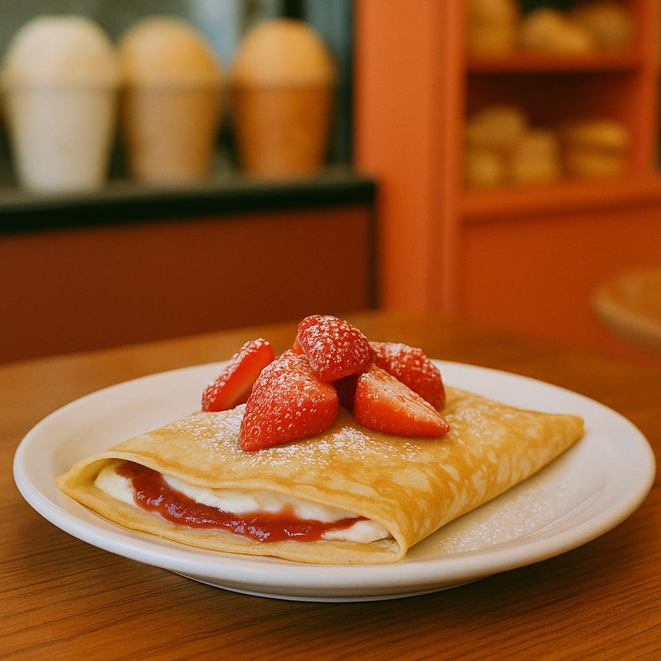 A golden crepe filled with cream and strawberry jam, topped with fresh strawberries and powdered sugar.