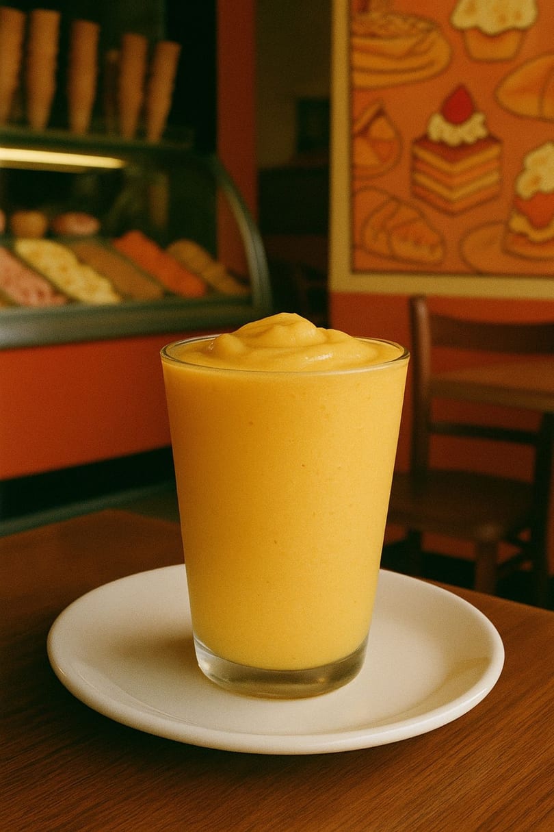 A vibrant yellow mango smoothie in a glass on a white plate, with a gelato display in the background.