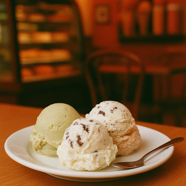 Three scoops of gelato, including pistachio and chocolate chip, on a white plate with a spoon.