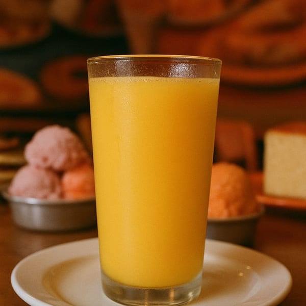 A glass of orange juice on a white plate, with gelato and cheesecake in the background.
