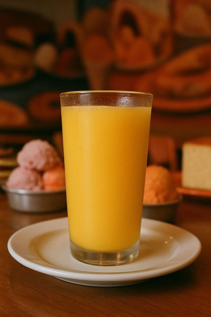 A glass of orange juice on a white plate, with gelato and cheesecake in the background.
