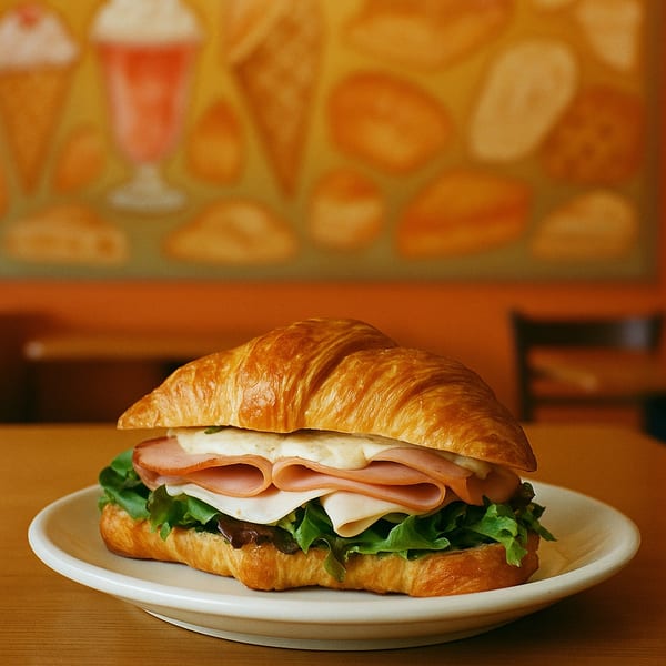 A croissant sandwich with ham, cheese, and lettuce on a white plate at Milano Gelato Cafe.