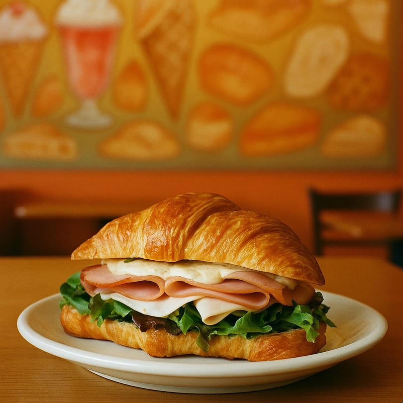 A croissant sandwich with ham, cheese, and lettuce on a white plate at Milano Gelato Cafe.
